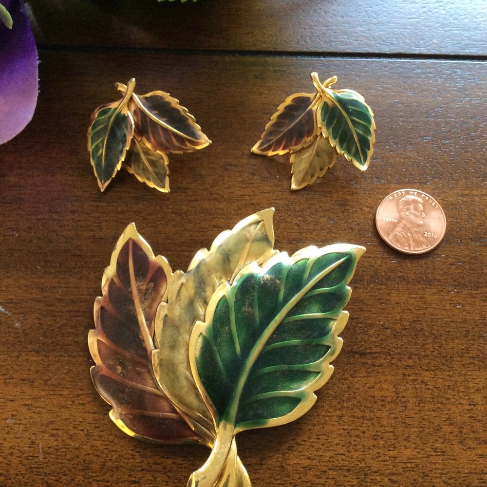 Jewelry Earth color Leaf Earring & Pin Set. 🌿
